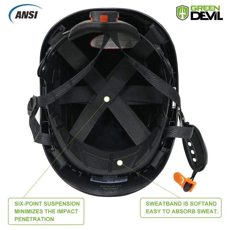 GREEN DEVIL خوذة أمان GREEN DEVIL قبعة صلبة قابلة للتعديل خفيفة الوزن مزودة بفتحات تهوية ABS خوذة عمل 6 نقاط تعليق معتمدة من ANSI Z89.1 مثالية للصناعة والبناء - Image 5